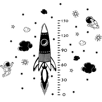 PVC Height Growth Chart Wall Sticker, Rocket with 30 to 150 cm Measurement, for Kid Room Bedroom Wallpaper Decoration, Black, 900x390mm, 2pcs/set