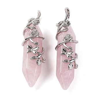 Natural Rose Quartz Double Terminal Pointed Pendants, Brass Flower Wrapped Faceted Bullte Charms, Platinum, 50x12x15mm, Hole: 9x5mm