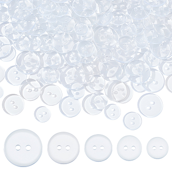 250Pcs 5 Style Lucid Round 2-hole Shirt Button, Resin Button, Clear, 10~18mm, Hole: 1.5mm, 50pcs/style