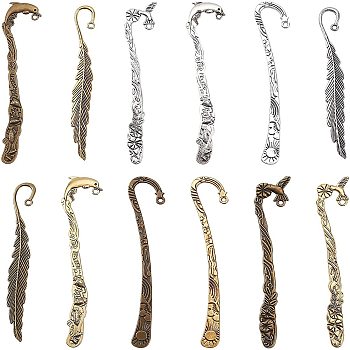 12Pcs 12 Styles Tibetan Style Alloy Bookmarks, Cadmium Free & Lead Free, Mixed Color, 1pc/style