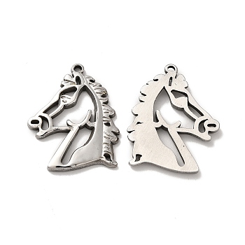304 Stainless Steel Pendants, Horse Charm, Stainless Steel Color, 33x26.5x2.5mm, Hole: 1.6mm