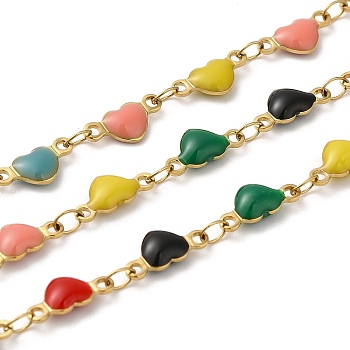 Ion Plating(IP) Golden 304 Stainless Steel Heart Link Chain, with Enamel, Soldered, Colorful, 10x5x2.7mm