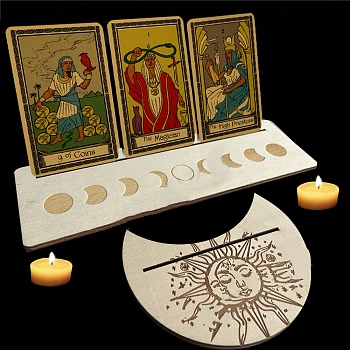 Wooden Tarot Card Display Stands, Moon Phase Tarot Holder for Divination, Tarot Decor Tools, Moon with Rectangle, Sun Pattern, 12.5~25x7.5~10.5x0.5cm, 2pcs/set