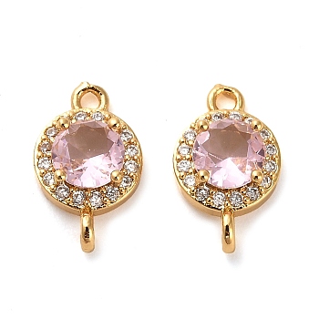Brass Pave Cubic Zirconia Connector Charms, Flat Round Links, Real 18K Gold Plated, Pink, 14.5x9x5mm, Hole: 1.5mm