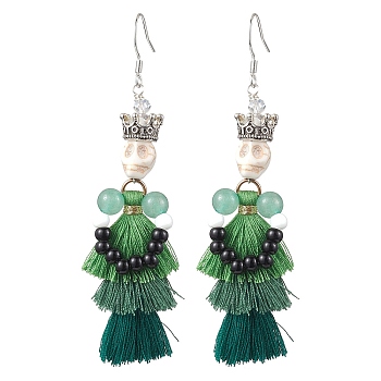 Dyed Synthetic Turquoise Tassel Pendants Earrings, with Glass Beads, Skull, for Halloween, Green, 82mm