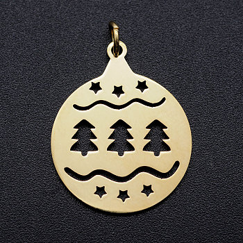 201 Stainless Steel Pendants, with Unsoldered Jump Rings, Flat Round with Christmas Tree, Golden, 25x20x1mm, Hole: 3mm, Jump Ring: 5x0.8mm