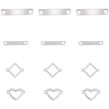 304 Stainless Steel Links Sets, Mixed Shapes, Stainless Steel Color, 22x11.5x1mm, Hole: 1mm,
 14x22.5x1mm, Hole: 2mm, 38.5x7x1mm, Hole: 4x4mm, 30x4.5x1mm, Hole: 3x3.5mm, 24pcs/box