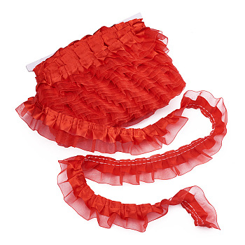 2-Layer Pleated Satin Organza Ribbons, Red, 1-5/8 inch(40mm), 21.8yards/card