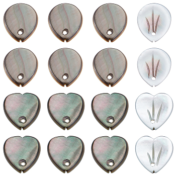 16Pcs 2 Styles Natural Black Lip Shell Charms, Heart-Shaped Petal & Teardrop-Shaped Petal, Black, 11.5~12x10~11x1.5mm, 8pcs/style