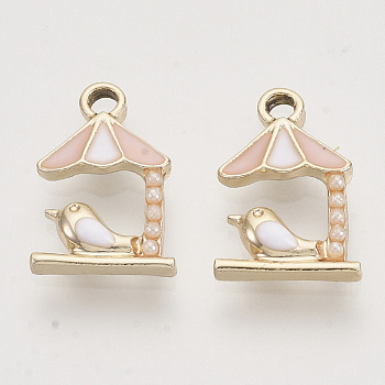 Light Gold Plated Alloy Charms, with Enamel and ABS Plastic Imitation Pearl, Umbrella with Bird, Pink, 14.5x10x2.5mm, Hole: 1.6mm