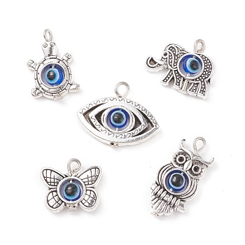 Tibetan Style Alloy Pendants, with Evil Eye Resin Beads, Mixed Shapes, Antique Silver, 13.5~23x11.5~21x4mm, Hole: 1.6~2mm