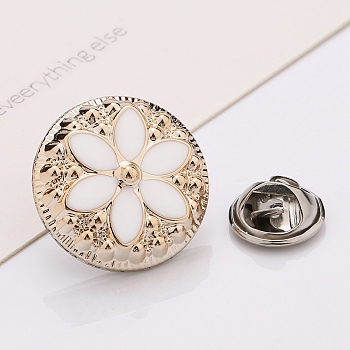 Plastic Brooch, Alloy Pin, with Enamel, for Garment Accessories, Round with Flower, Snow, 18mm