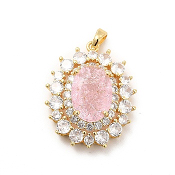 Brass Micro Pave Clear Cubic Zirconia Pendants, with Pink Glass,  Oval Charm, Real 18K Gold Plated, 38x23x8mm, Hole: 4.5x2.5mm