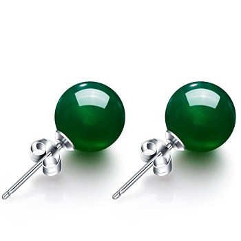 Round Imitation Jade Beads Stud Earrirngs for Girl Women, Brass Earrings, Green, Platinum