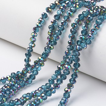 Electroplate Transparent Glass Beads Strands, Half Multi-color Plated, Faceted, Rondelle, Deep Sky Blue, 6x5mm, Hole: 1mm, about 92~94pcs/strand, 17~17.5 inch(42.5~43.75cm)