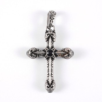 316 Surgical Stainless Steel Glass Big Gothic Pendants, Cross, Antique Silver, 53x37x12mm, Hole: 11x6mm
