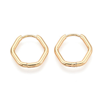 304 Stainless Steel Hoop Earrings, Hexagon, Real 18K Gold Plated, 15.5x16x2mm