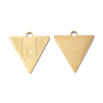 Ion Plating(IP) 316L Surgical Stainless Steel Pendants, Triangle Charm, Textured, Real 18K Gold Plated, 19x17.8x1.2mm, Hole: 2mm