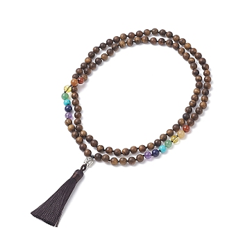 Natural & Synthetic Mixed Gemstone & Wood Buddhist Necklace, Alloy Buddha Head with Polyester Tassel Lariat Necklace for Women, Coconut Brown, 39.37 inch(100cm)