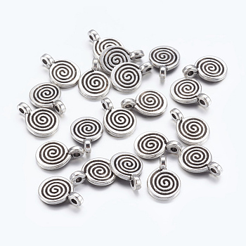 Tibetan Style Alloy Charms, Flat Round with Swirl, Antique Silver, Cadmium Free & Nickel Free & Lead Free, 11.8x8x1.5mm, Hole: 1mm