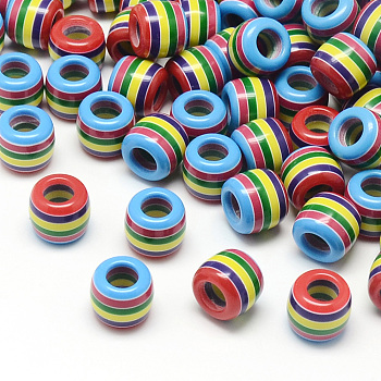Opaque Stripe Resin Beads, Large Hole Beads, Barrel, Light Sky Blue, 11x10.5mm, Hole: 6mm