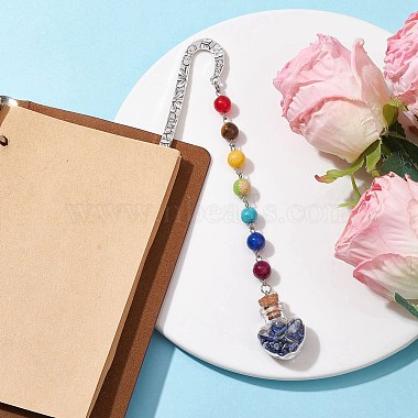 7 Chakra Gemstone Bead & Natural Lapis Lazuli Glass Heart Wishing Bottle Pendant Bookmarks(AJEW-JK00313-07)-2