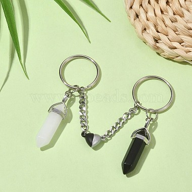 porte-clés en obsidienne noire naturelle et balle de jade blanc(KEYC-TA00016)-3