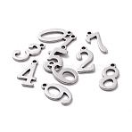 10Pcs 201 Stainless Steel Pendants, Number 0~9 Charm, Stainless Steel Color, 15x5.5~8x1.5mm, Hole: 1.5mm, 10pcs/set(STAS-R108-1)