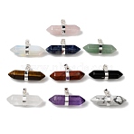 Natural & Synthetic Mixed Gemstone Double Terminal Pointed Pendants, Faceted Bullet Shaped Charms with Brass Snap on Bails, Rack Plating, Silver, 12.5x32~32.5x9.5mm, Hole: 6x4.5mm(G-NH0001-15P)