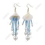 Handmade Seed Beads Tassel Dangle Earrings, Shell Shape, with Glass & Natural Shell & Non-magnetic Synthetic Hematite & Imitation Pearl, Golden, Deep Sky Blue, 87.5x25mm(EJEW-FS00075)