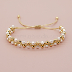 Handmade Woven Faux Pearl and Brass Round Braided Bead Bracelets, Golden, Beige, 11.02 inch(28cm)(DK1363)