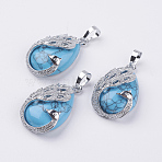 Synthetic Turquoise Pendants, with Brass Finding, Teardrop with Peacock, Platinum, 33x20x10.5mm, Hole: 5x6.5mm(G-E442-04A)