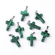 Synthetic Malachite Pendants, Dyed, with Brass Pinch Bails, Platinum Plated, Cross, 23.5~28x15~18x4mm, Hole: 3x6mm(G-J354-01)