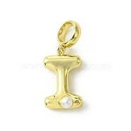 Rack Plating Brass with ABS Plastic Pearl European Dangle Charms, Large Hole Pendants, Long-Lasting Plated, Lead Free & Cadmium Free, Real 18K Gold Plated, Letter I, 23.5mm long, hole: 5mm, pendant: 15.5x9x5mm(KK-G501-02I-G)