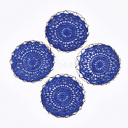 Polycotton(Polyester Cotton) Woven Pendant Decorations, with Brass Findings, Flat Round with Flower, Light Gold, Blue, 50x1mm(X-FIND-Q078-14A)