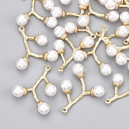 ABS Plastic Imitation Pearl Pendants, with Brass Findings, Branch, Real 18K Gold Plated, Creamy White, 23.5x21x6mm, Hole: 1.2mm(KK-S348-229)