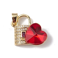 Real 18K Gold Plated Rack Plating Brass Micro Pave Clear Cubic Zirconia Pendants, with Glass, Long-Lasting Plated, Cadmium Free & Lead Free, Lock with Heart Charm, Red, 23x19x8mm, Hole: 5x3.2mm(KK-C015-17G-10)