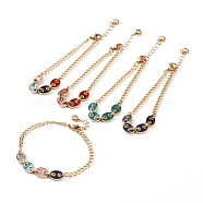 Golden Plated Brass Enamel Chain Bracelets, with Curb Chains & Coffee Bean Chains, Rhinestone Charms, Mixed Color, 7-1/2 inch(19cm)(BJEW-JB05881)
