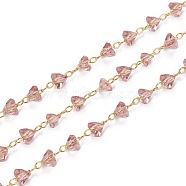 Handmade Glass Beaded Chains, with Golden Tone Brass Findings, Soldered, Long-Lasting Plated, Triangle, Faceted, Flamingo, 3.5~4x4~4.5x3mm, about 32.8 Feet(10m)/roll(KK-I647-15A)