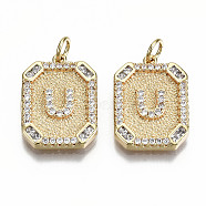 Brass Micro Pave Clear Cubic Zirconia Pendants, Nickel Free, Real 18K Gold Plated, Rounded Rectangle with Word, Letter.U, 19x14x2.5mm, Jump Ring: 5x0.7mm, 3mm inner diameter(KK-S356-234U-G-NF)