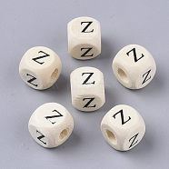 Printed Natural Wood Beads, Horizontal Hole, Cube with Initial Letter, PapayaWhip, Letter.Z, 10x10x10mm, Hole: 3.5mm, about 1000pcs/500g(WOOD-T026-001Z)
