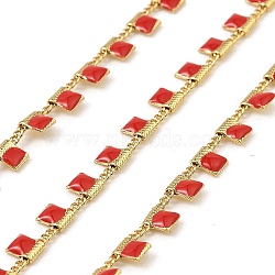 Brass Rectangle Link Chains, with Enamel, Soldered, with Spool, Real 18K Gold Plated, Long-Lasting Plated, Red, 4x1.5x0.7mm, 10m/roll(CHC-C007-03G-06)