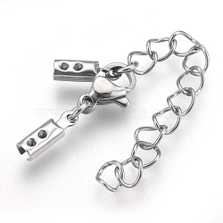 304 Stainless Steel Chain Extender, with Cord Ends and Lobster Claw Clasps, Stainless Steel Color, 31mm long, Chain Extenders: 42mm, Cord End: 10x3x2.5mm, Inner: 2.5mm, Clasp: 10x6.5x3mm(STAS-P207-01P-C)