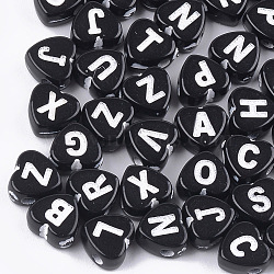 Craft Style Acrylic Beads, Horizontal Hole, Heart with Letter, White, 6.5x6.5x4mm, Hole: 1.5mm(X-MACR-T023-25B)