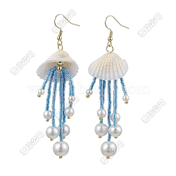 Handmade Seed Beads Tassel Dangle Earrings, Shell Shape, with Glass & Natural Shell & Non-magnetic Synthetic Hematite & Imitation Pearl, Golden, Deep Sky Blue, 87.5x25mm(EJEW-FS00075)