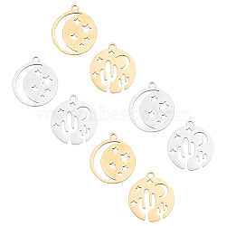 Unicraftale 201 Stainless Steel Laser Cut Pendants, Star with Moon & Flat Round with Cactus, Golden & Stainless Steel Color, 20.5x18x1mm, Hole: 1.4mm, 16pcs/box(STAS-UN0013-49)