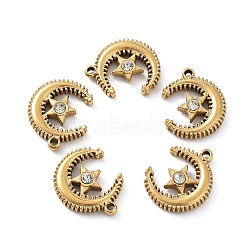304 Stainless Steel Pendants, with Rhinestone, Moon with Star Charm, Golden, 22x17.5x4mm, Hole: 1.8mm(STAS-G314-01G)