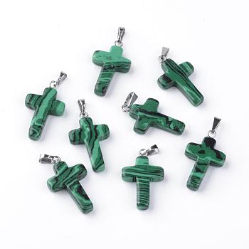 Synthetic Malachite Pendants, Dyed, with Brass Pinch Bails, Platinum Plated, Cross, 23.5~28x15~18x4mm, Hole: 3x6mm