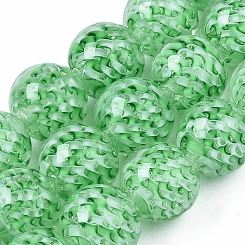 Transparent Handmade Lampwork Beads Strands, Inner Flower, Round, Light Green, 11.5~12.5mm, Hole: 1.5mm, about 45pcs/strand, 19.88 inch(50.5cm)