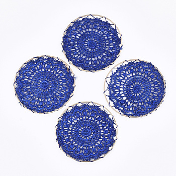 Polycotton(Polyester Cotton) Woven Pendant Decorations, with Brass Findings, Flat Round with Flower, Light Gold, Blue, 50x1mm